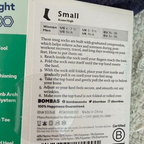 BOMBAS MERINO WOOL BLEND EVERYDAY COMPRESSION SOCKS BALTIC BLUE KNEE HIGH W S - Picture 7 of 7